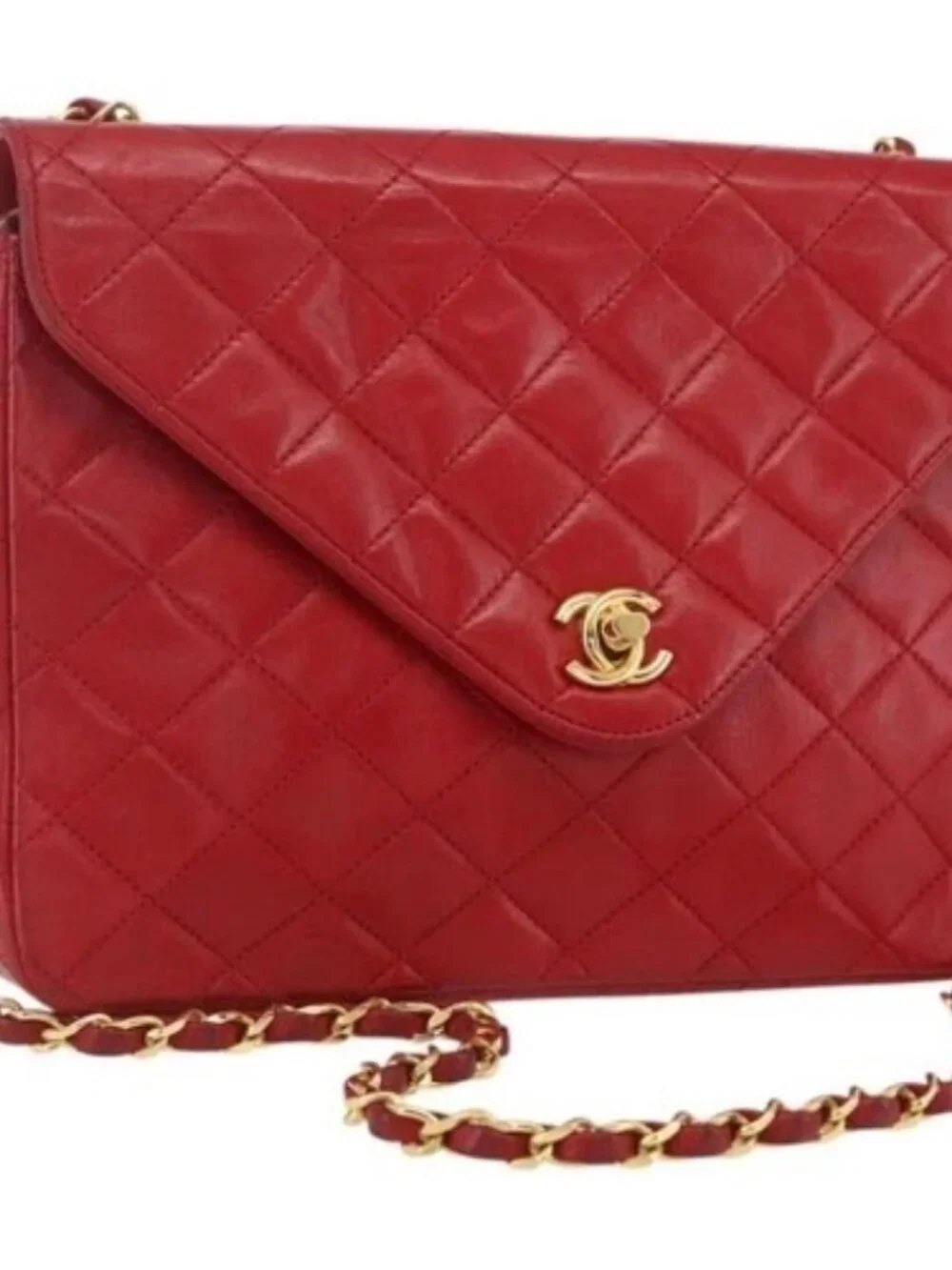 CHANEL Matelasse Chain Shoulder Bag Lamb Skin Gold Red CC Auth 162544